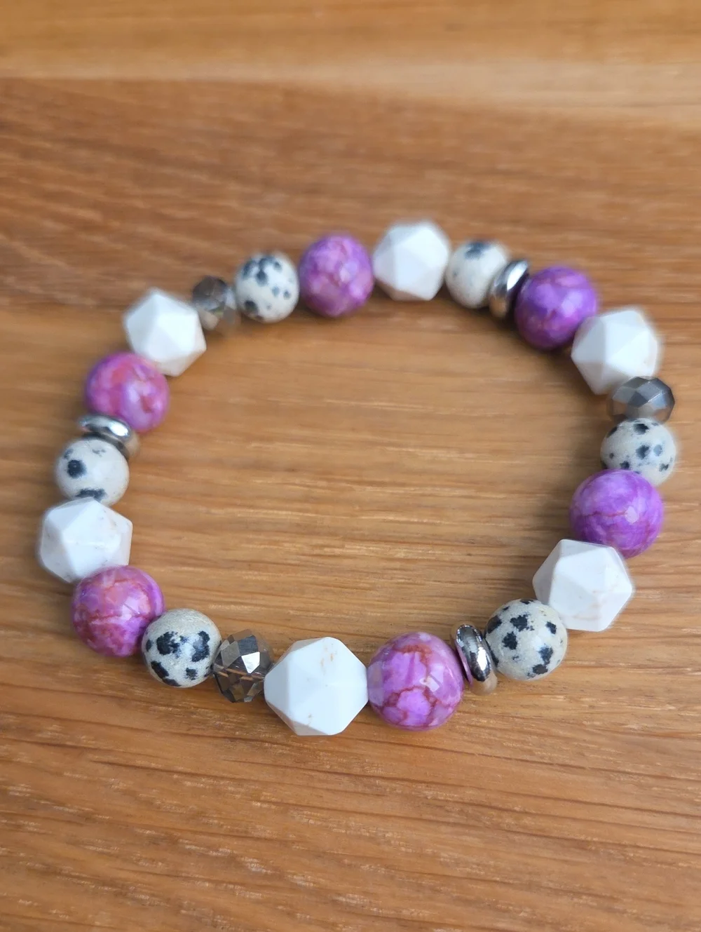 Stretch Bracelet | Pink Crazy Lace Calcite, White Turquoise & Dalmatian Jasper